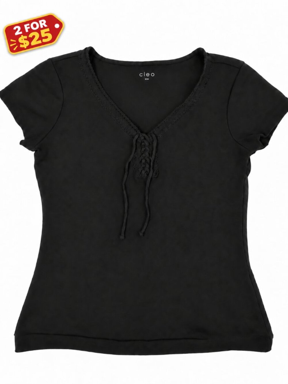 Cleo Black Lace-Up V-Neck T-Shirt — Size M